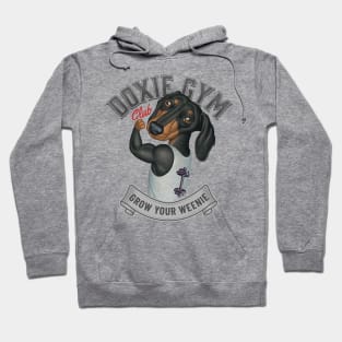 Cute Doxie Dog going to Doxie Gym in Gray trim Hoodie